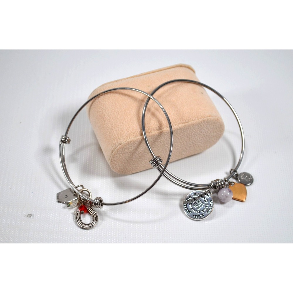 Lot of 2 Silver‎ Tone Charm Bracelet Stainless Expandable Ohio Friends Besties